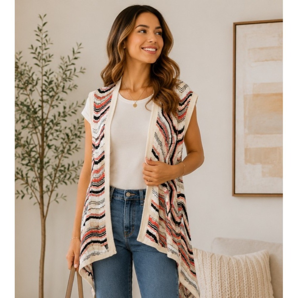 Foxcroft NY Women Medium Open Front Knit Cardigan Vest Chevron Stripe Boho Layer